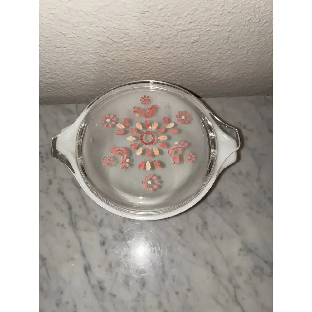 Pyrex Friendship Casserole Dish #473 1 Qt Lid Red Birds Flowers Vintage